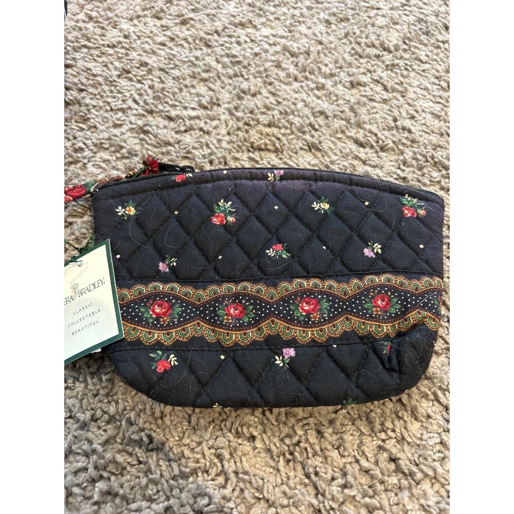 retired Petit Point small zip cosmetic Bag Purse Vera Bradley Black With Flowers
